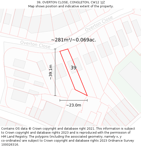 39, OVERTON CLOSE, CONGLETON, CW12 1JZ: Plot and title map
