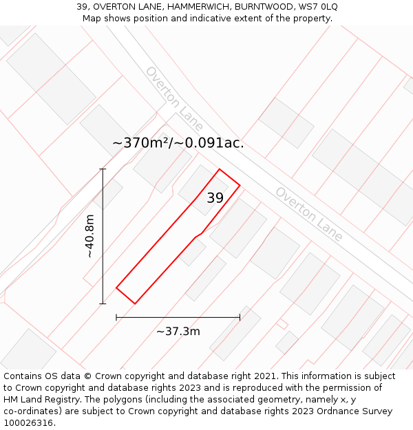 39, OVERTON LANE, HAMMERWICH, BURNTWOOD, WS7 0LQ: Plot and title map
