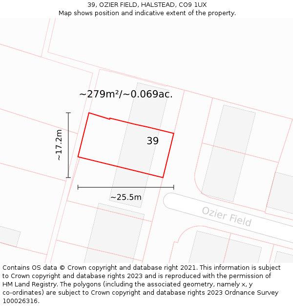 39, OZIER FIELD, HALSTEAD, CO9 1UX: Plot and title map