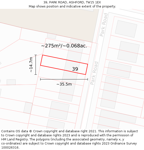 39, PARK ROAD, ASHFORD, TW15 1EX: Plot and title map