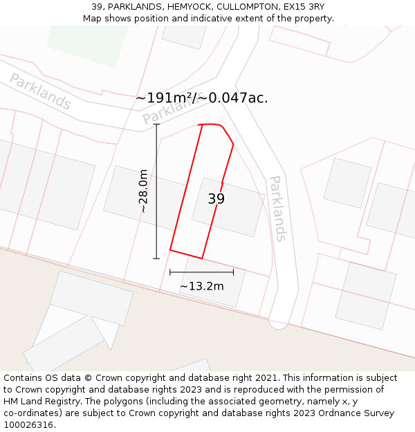39, PARKLANDS, HEMYOCK, CULLOMPTON, EX15 3RY: Plot and title map