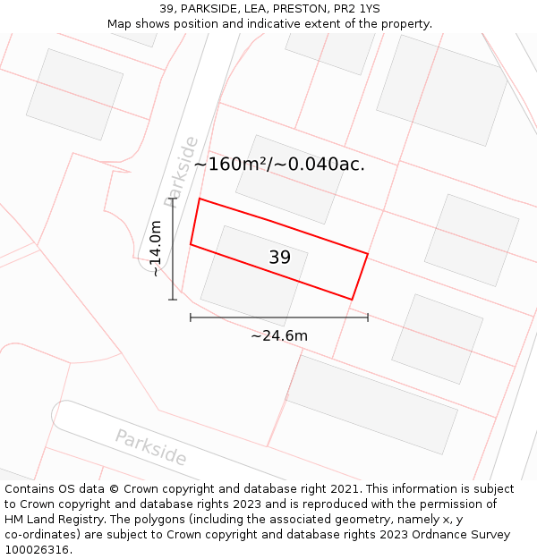 39, PARKSIDE, LEA, PRESTON, PR2 1YS: Plot and title map