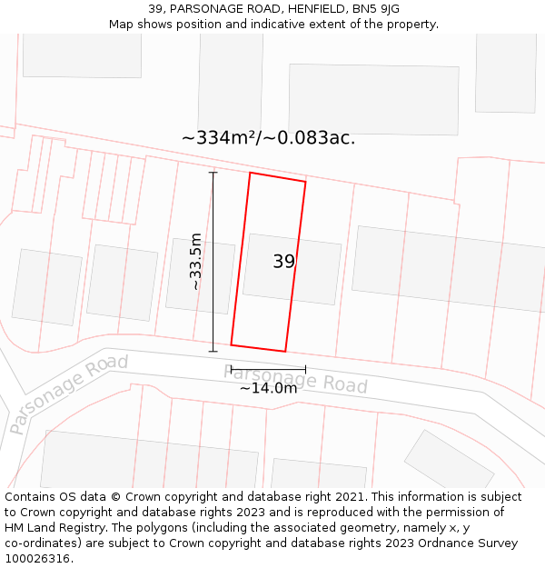 39, PARSONAGE ROAD, HENFIELD, BN5 9JG: Plot and title map