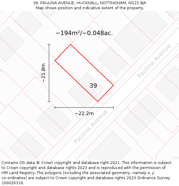 39, PAULINA AVENUE, HUCKNALL, NOTTINGHAM, NG15 8JA: Plot and title map