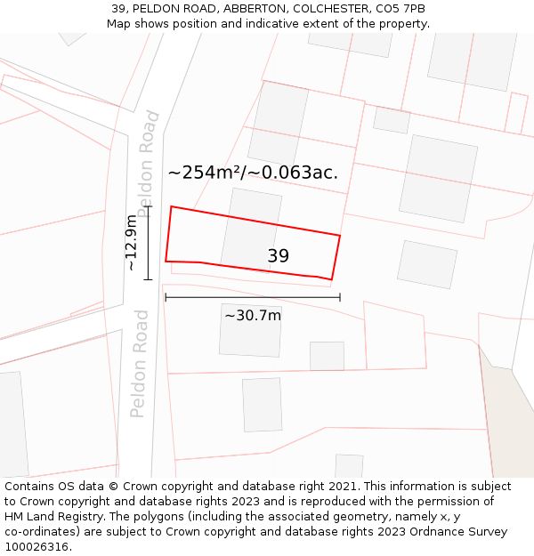 39, PELDON ROAD, ABBERTON, COLCHESTER, CO5 7PB: Plot and title map