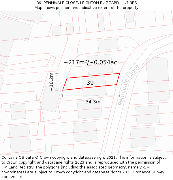 39, PENNIVALE CLOSE, LEIGHTON BUZZARD, LU7 3ES: Plot and title map