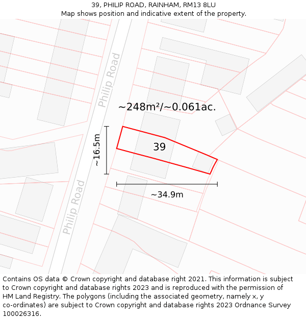 39, PHILIP ROAD, RAINHAM, RM13 8LU: Plot and title map