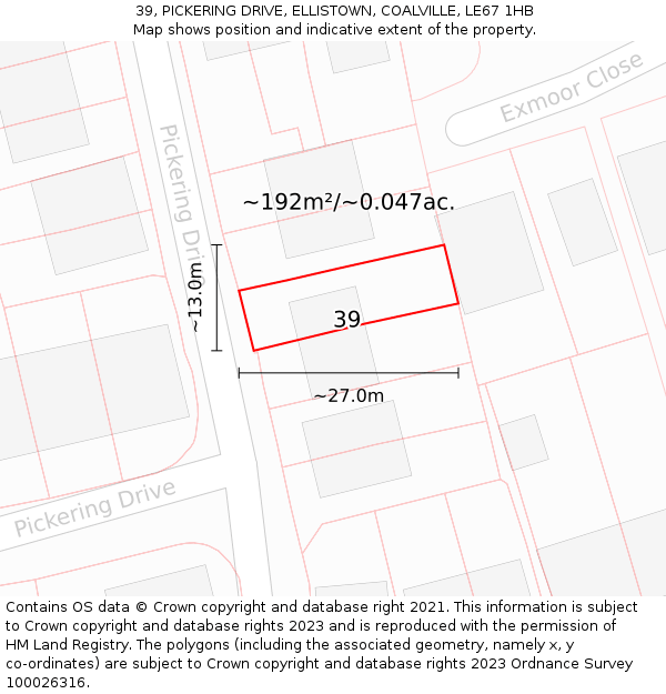 39, PICKERING DRIVE, ELLISTOWN, COALVILLE, LE67 1HB: Plot and title map