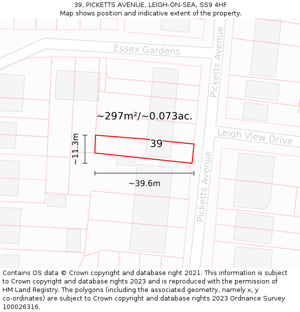 39, PICKETTS AVENUE, LEIGH-ON-SEA, SS9 4HF: Plot and title map