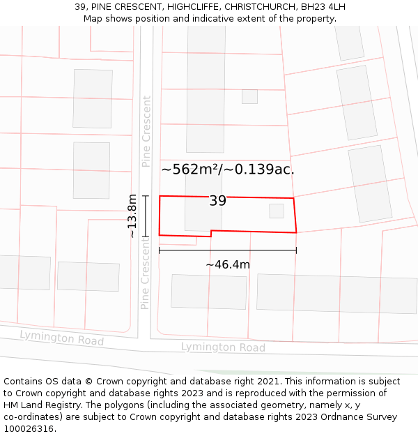 39, PINE CRESCENT, HIGHCLIFFE, CHRISTCHURCH, BH23 4LH: Plot and title map