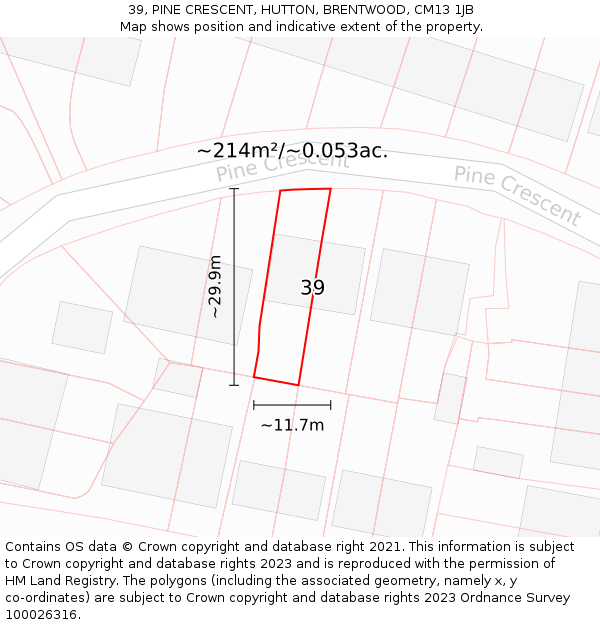 39, PINE CRESCENT, HUTTON, BRENTWOOD, CM13 1JB: Plot and title map