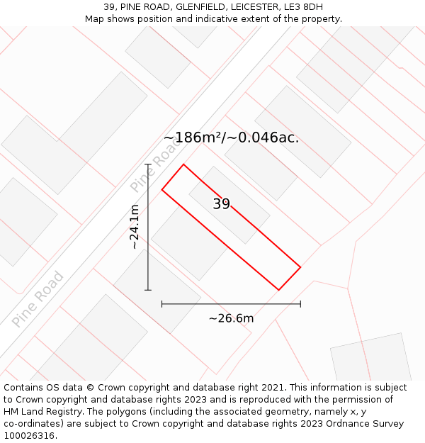39, PINE ROAD, GLENFIELD, LEICESTER, LE3 8DH: Plot and title map