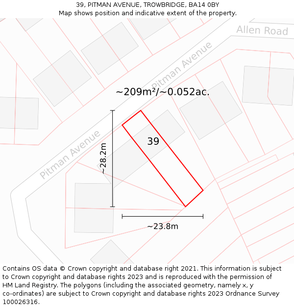 39, PITMAN AVENUE, TROWBRIDGE, BA14 0BY: Plot and title map
