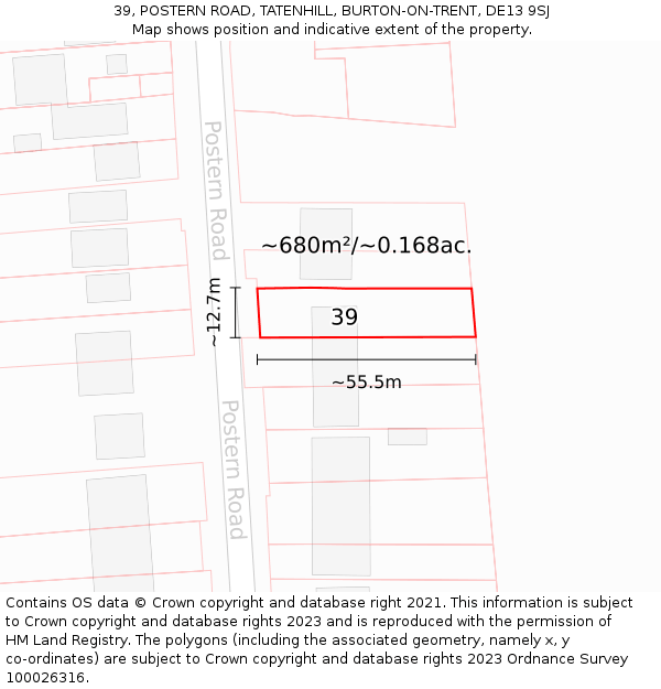 39, POSTERN ROAD, TATENHILL, BURTON-ON-TRENT, DE13 9SJ: Plot and title map