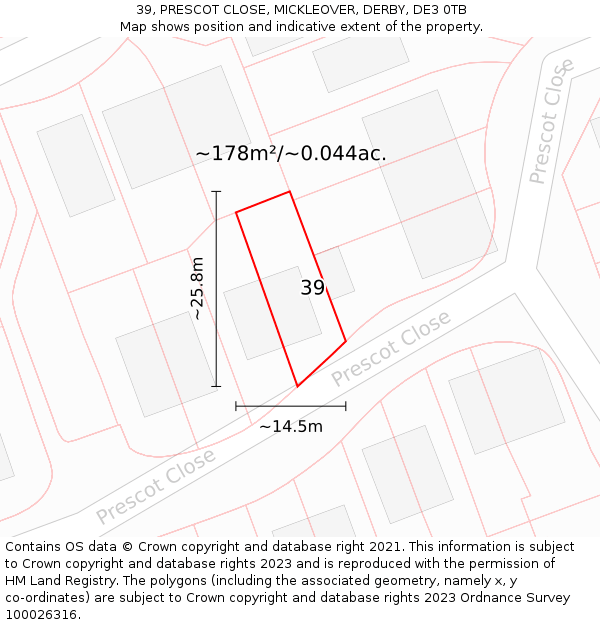 39, PRESCOT CLOSE, MICKLEOVER, DERBY, DE3 0TB: Plot and title map