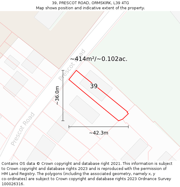 39, PRESCOT ROAD, ORMSKIRK, L39 4TG: Plot and title map