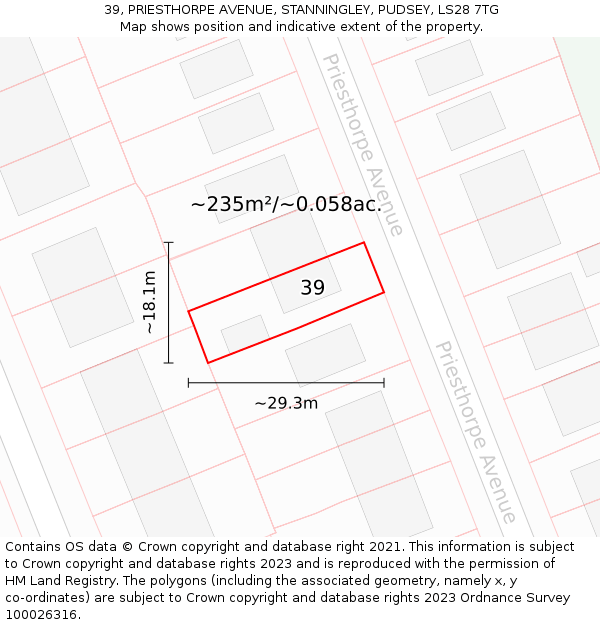 39, PRIESTHORPE AVENUE, STANNINGLEY, PUDSEY, LS28 7TG: Plot and title map