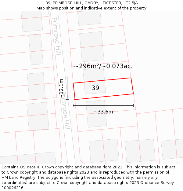 39, PRIMROSE HILL, OADBY, LEICESTER, LE2 5JA: Plot and title map