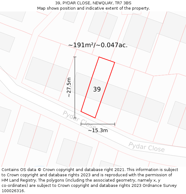 39, PYDAR CLOSE, NEWQUAY, TR7 3BS: Plot and title map