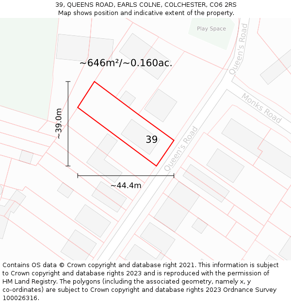 39, QUEENS ROAD, EARLS COLNE, COLCHESTER, CO6 2RS: Plot and title map