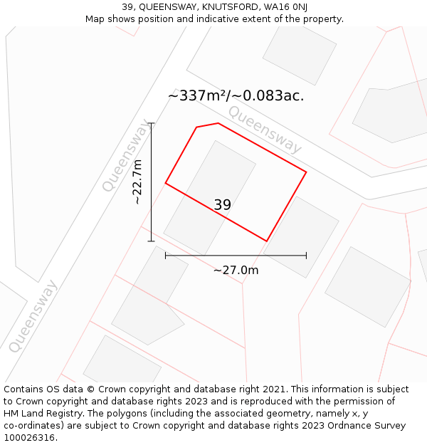 39, QUEENSWAY, KNUTSFORD, WA16 0NJ: Plot and title map