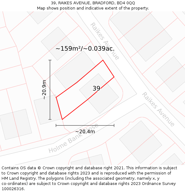 39, RAIKES AVENUE, BRADFORD, BD4 0QQ: Plot and title map