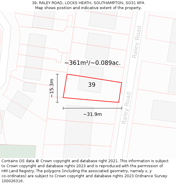 39, RALEY ROAD, LOCKS HEATH, SOUTHAMPTON, SO31 6PA: Plot and title map