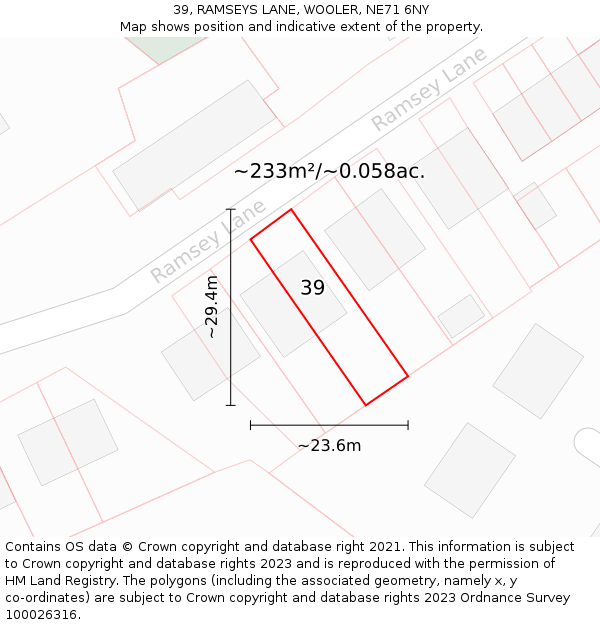 39, RAMSEYS LANE, WOOLER, NE71 6NY: Plot and title map