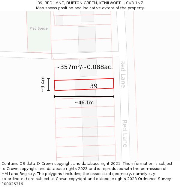 39, RED LANE, BURTON GREEN, KENILWORTH, CV8 1NZ: Plot and title map