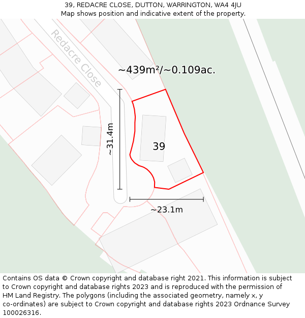 39, REDACRE CLOSE, DUTTON, WARRINGTON, WA4 4JU: Plot and title map