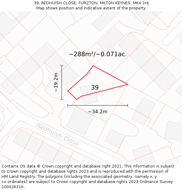 39, REDHUISH CLOSE, FURZTON, MILTON KEYNES, MK4 1HJ: Plot and title map