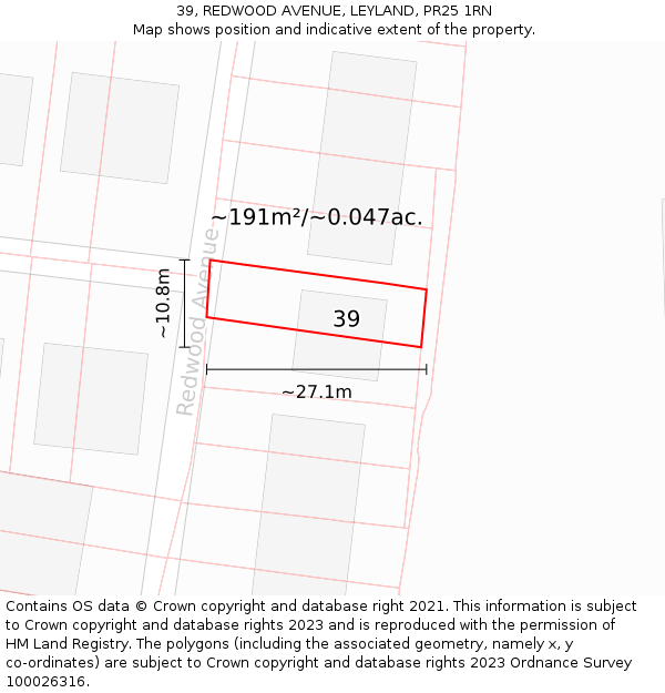 39, REDWOOD AVENUE, LEYLAND, PR25 1RN: Plot and title map