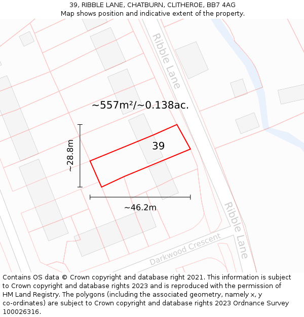 39, RIBBLE LANE, CHATBURN, CLITHEROE, BB7 4AG: Plot and title map