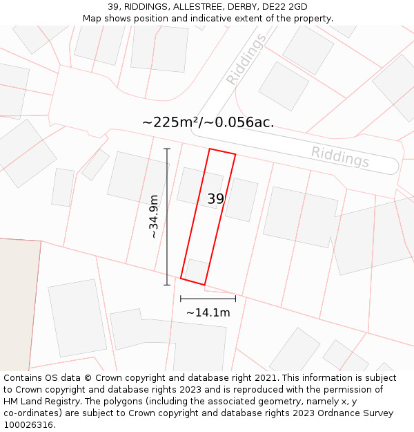 39, RIDDINGS, ALLESTREE, DERBY, DE22 2GD: Plot and title map
