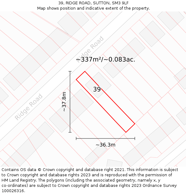 39, RIDGE ROAD, SUTTON, SM3 9LF: Plot and title map