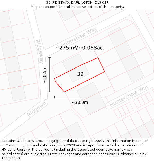 39, RIDGEWAY, DARLINGTON, DL3 0SF: Plot and title map