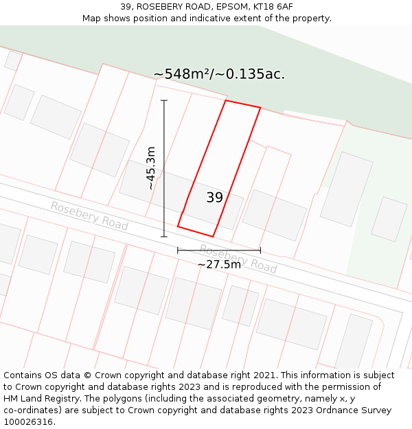 39, ROSEBERY ROAD, EPSOM, KT18 6AF: Plot and title map