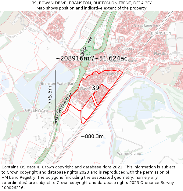 39, ROWAN DRIVE, BRANSTON, BURTON-ON-TRENT, DE14 3FY: Plot and title map