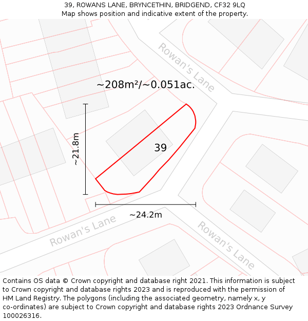 39, ROWANS LANE, BRYNCETHIN, BRIDGEND, CF32 9LQ: Plot and title map