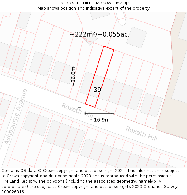 39, ROXETH HILL, HARROW, HA2 0JP: Plot and title map