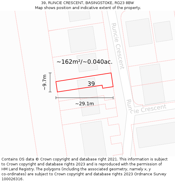 39, RUNCIE CRESCENT, BASINGSTOKE, RG23 8BW: Plot and title map