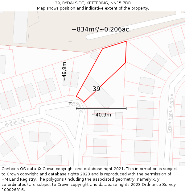 39, RYDALSIDE, KETTERING, NN15 7DR: Plot and title map