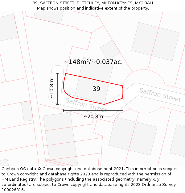 39, SAFFRON STREET, BLETCHLEY, MILTON KEYNES, MK2 3AH: Plot and title map