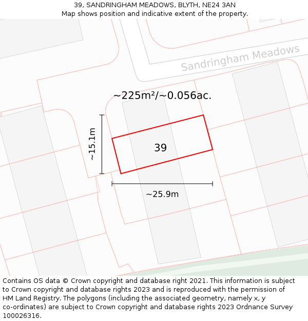 39, SANDRINGHAM MEADOWS, BLYTH, NE24 3AN: Plot and title map