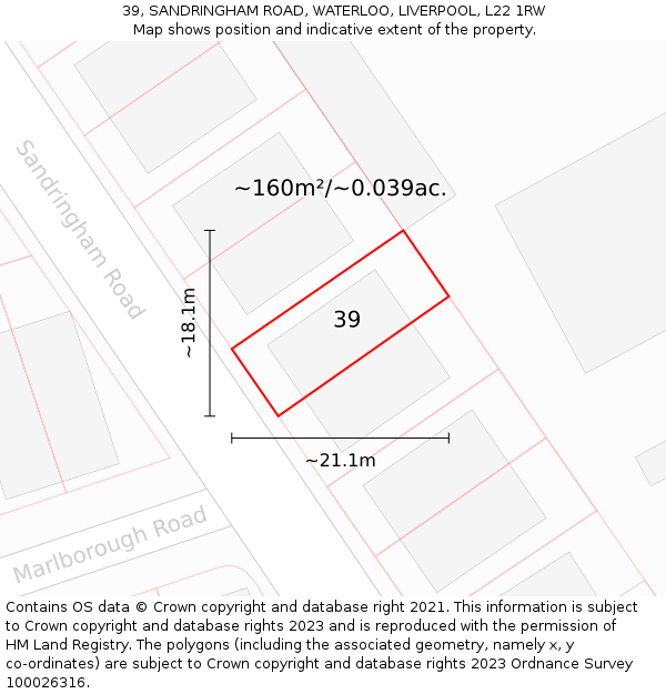 39, SANDRINGHAM ROAD, WATERLOO, LIVERPOOL, L22 1RW: Plot and title map