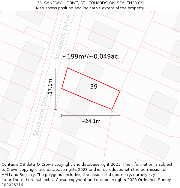 39, SANDWICH DRIVE, ST LEONARDS-ON-SEA, TN38 0XJ: Plot and title map