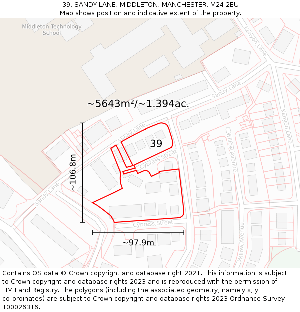 39, SANDY LANE, MIDDLETON, MANCHESTER, M24 2EU: Plot and title map