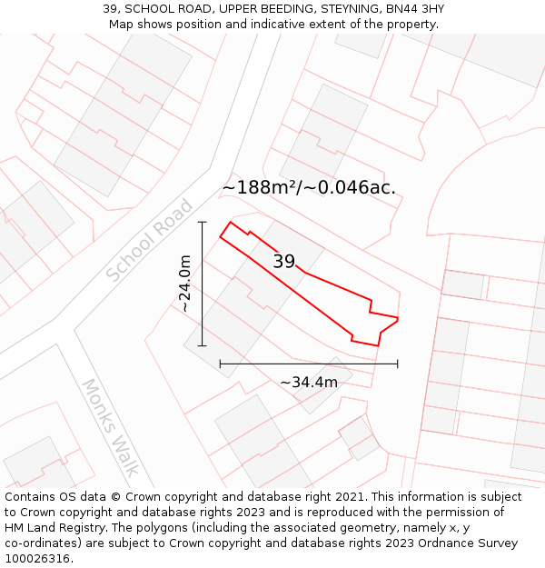 39, SCHOOL ROAD, UPPER BEEDING, STEYNING, BN44 3HY: Plot and title map