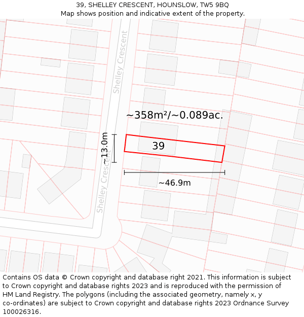 39, SHELLEY CRESCENT, HOUNSLOW, TW5 9BQ: Plot and title map