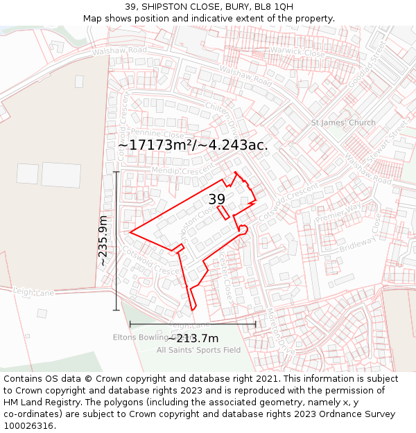 39, SHIPSTON CLOSE, BURY, BL8 1QH: Plot and title map